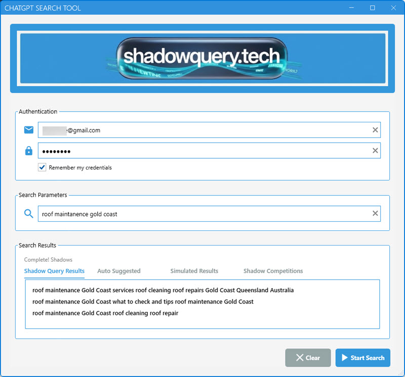 ShadowQuery Software Dashboard showing live shadow query extraction and competition analysis