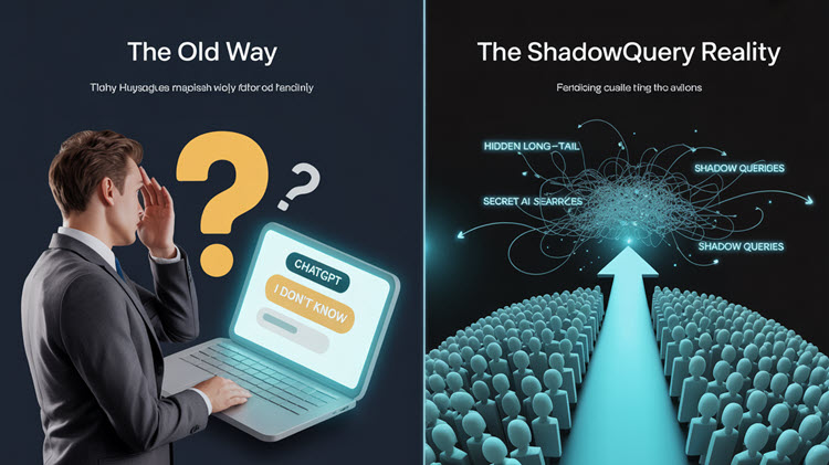 Split screen graphic comparing a confused marketer guessing at ChatGPT SEO versus the ShadowQuery reality of discovering hidden long-tail shadow queries and secret AI traffic.
